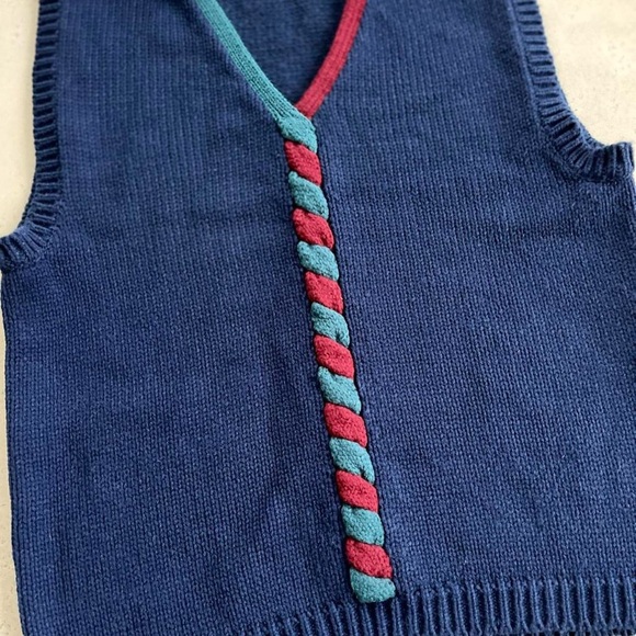 Vintage Stevemor Navy Blue Acrylic Knit With Green & Burgundy Twist Sweater Vest - Picture 3 of 6